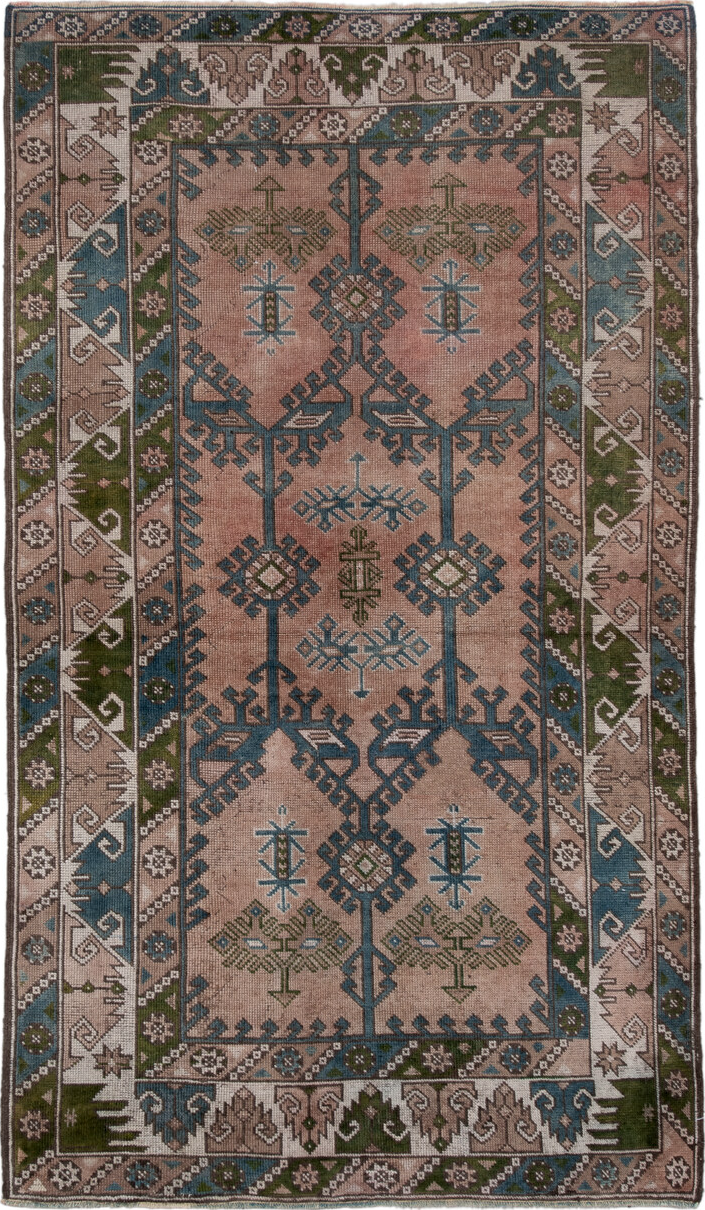 4' x 6' one-of-a-kind handmade vintage Oushak small size rug. Color palette: black, blue, brown, gray, light gray, off-white
