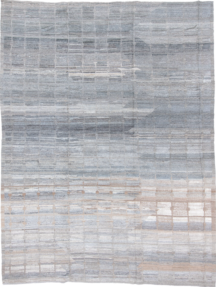 10' x 14' one-of-a-kind handmade vintage Tulu large size rug. Color palette: black, blue, dim gray, gainsboro, gray