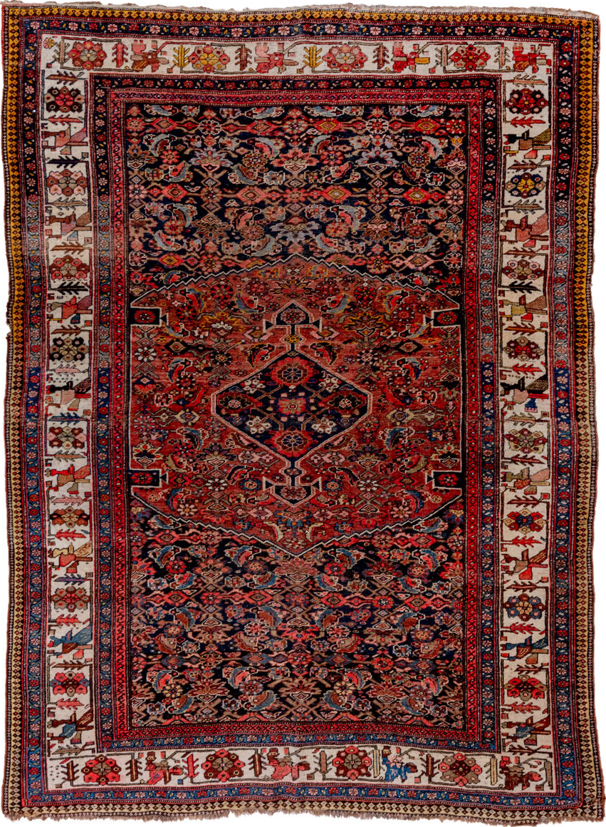 6' x 9' one-of-a-kind handmade vintage Bidjar medium size rug. Color palette: blue, brown, dark red, fiord, fire brick, gray