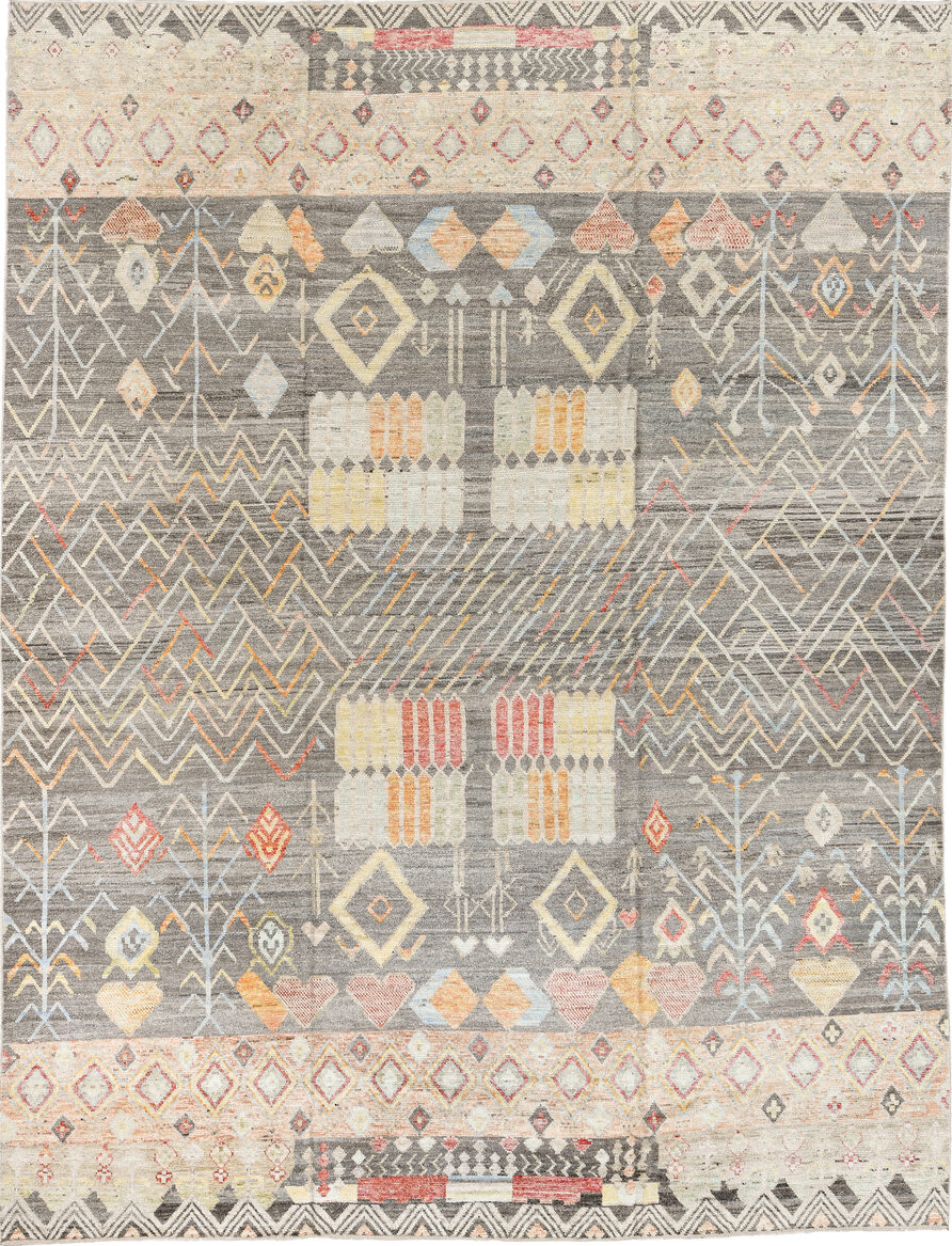 10' x 13' one-of-a-kind handmade vintage Tulu large size rug. Color palette: brown, gray, light gray, off-white, pink