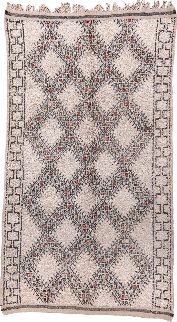6' x 10' one-of-a-kind handmade vintage Moroccan large size rug. Color palette: antiquewhite, black, brown, charcoal