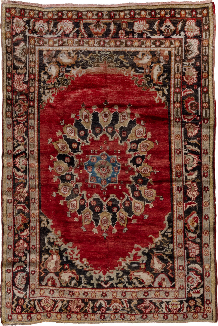 5' x 7' one-of-a-kind handmade vintage Oushak rug. Color palette: black, blue, brown, gray, light gray, off-white, pink, red