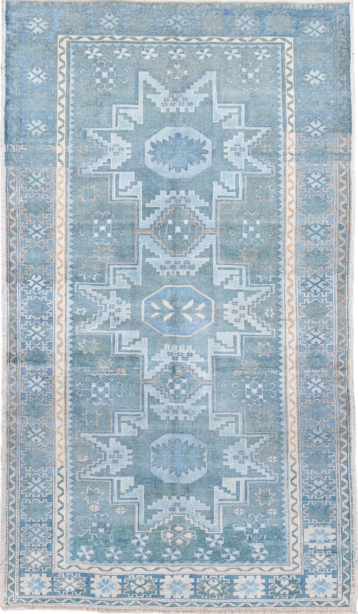 3' x 6' one-of-a-kind handmade vintage Anatol small size rug. Color palette: blue, gainsboro, gray, light blue, light gray