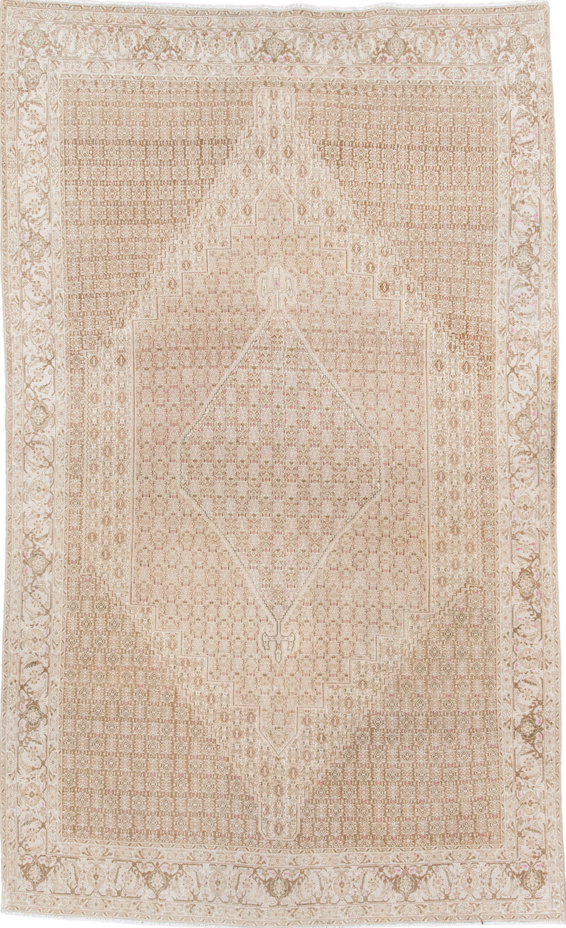 6' x 10' one-of-a-kind handmade vintage Bidjar large size rug. Color palette: brown, gray, light gray, off-white, orange