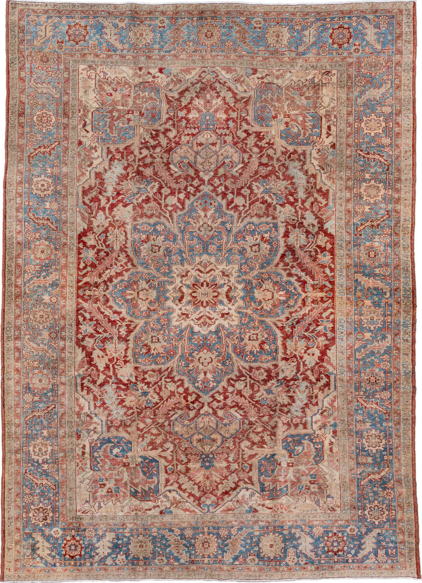 8' x 12' one-of-a-kind handmade vintage Heriz large size rug. Color palette: blue, brown, dark gray, gray, light blue