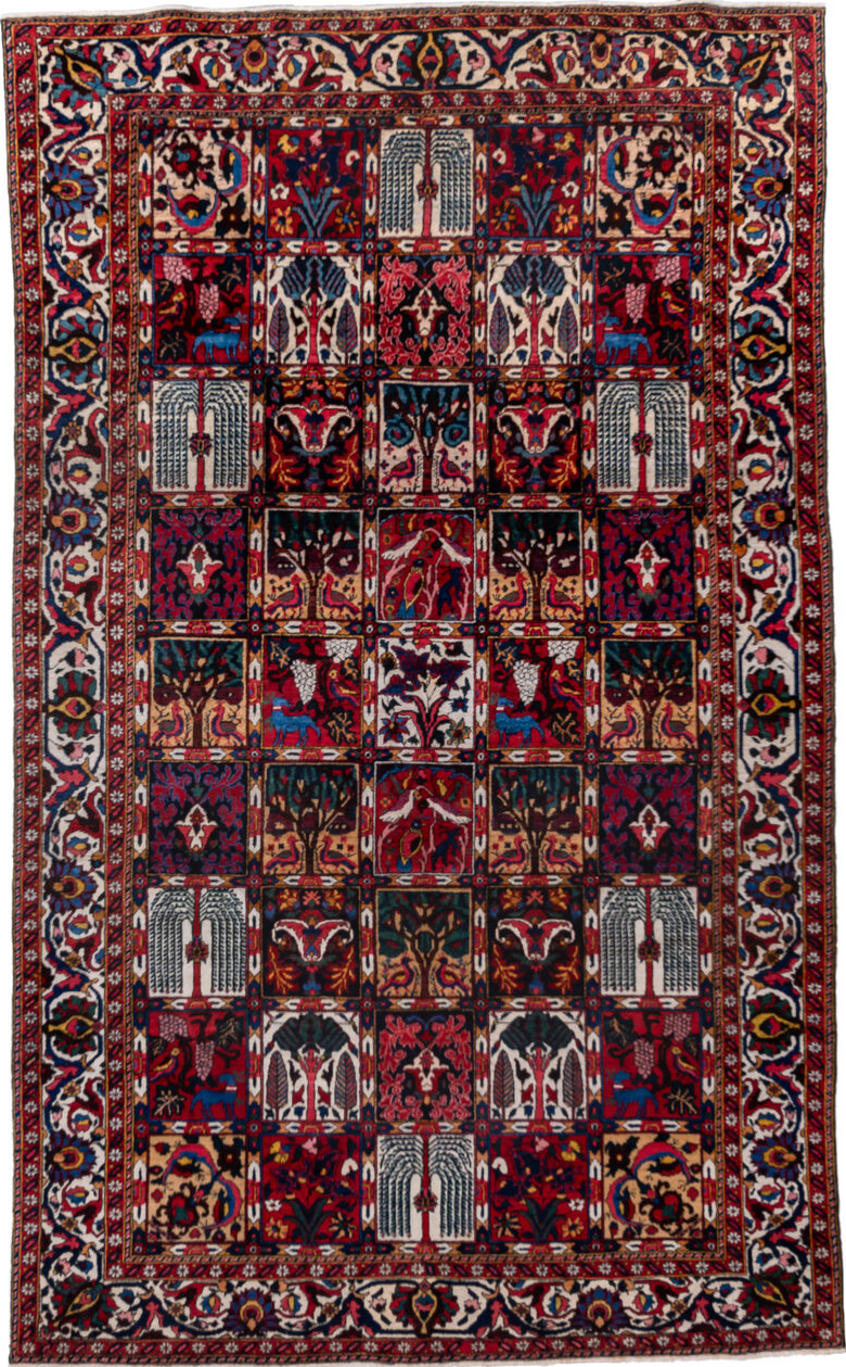 5' x 8' one-of-a-kind handmade vintage Baktiary medium size rug. Color palette: black, blue, brown, burgundy, gray