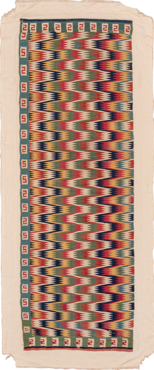 2' x 5' one-of-a-kind handmade vintage Rollaken small size rug. Color palette: blue, brown, gray, off-white, orange, pink