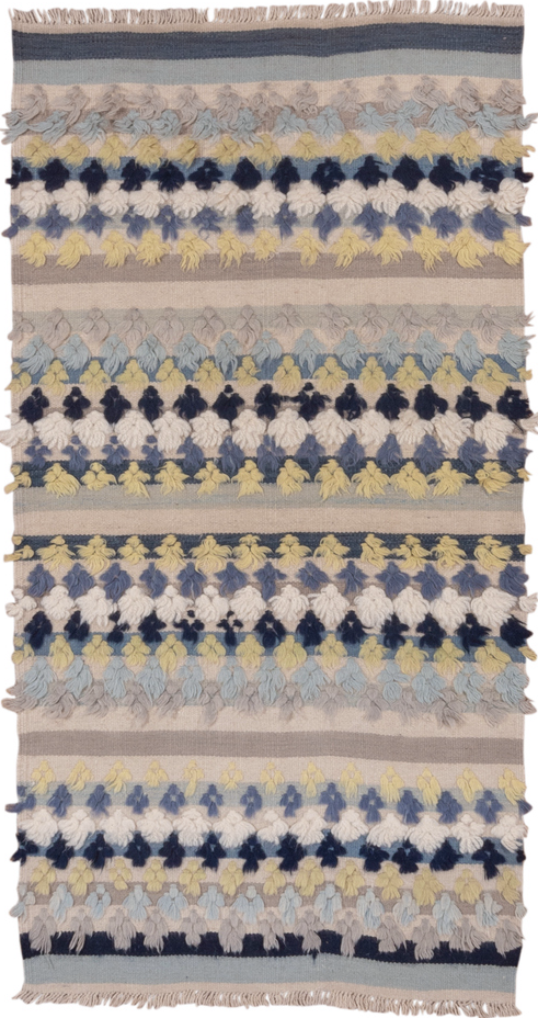3' x 6' one-of-a-kind handmade vintage Tulu small size rug. Color palette: gray, light gray, off-white, blue, brown, pink
