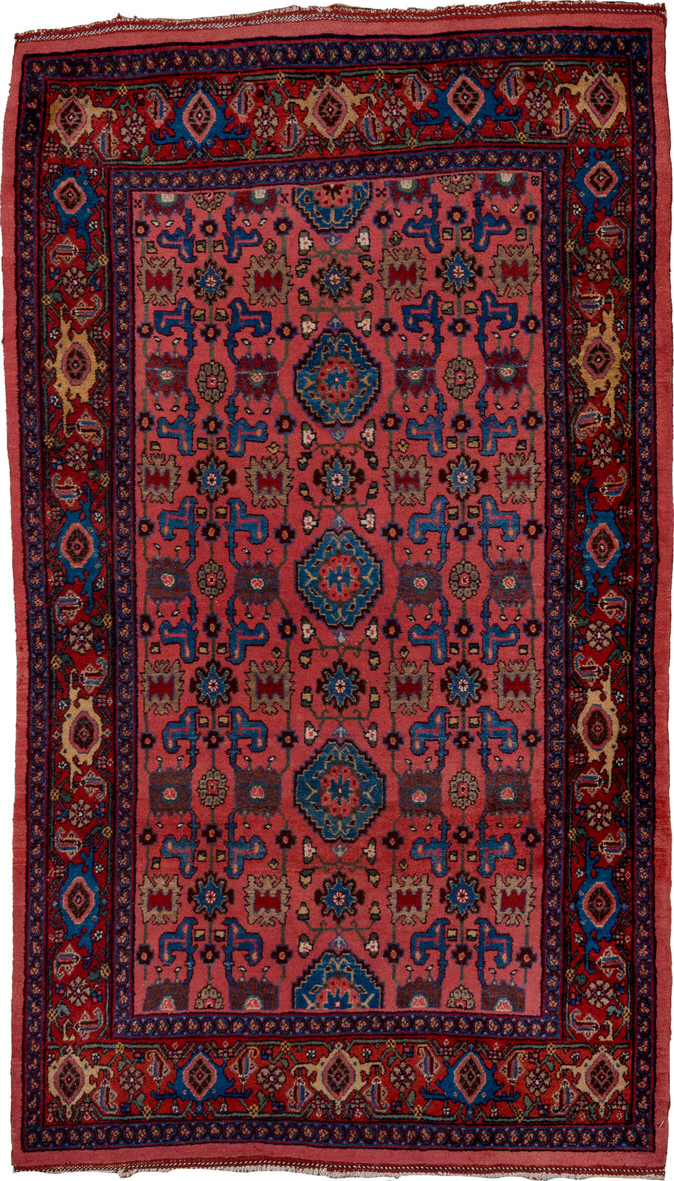 4' x 7' one-of-a-kind handmade vintage Bidjar rug. Color palette: black, blue, brown, charcoal, gray, pink, red