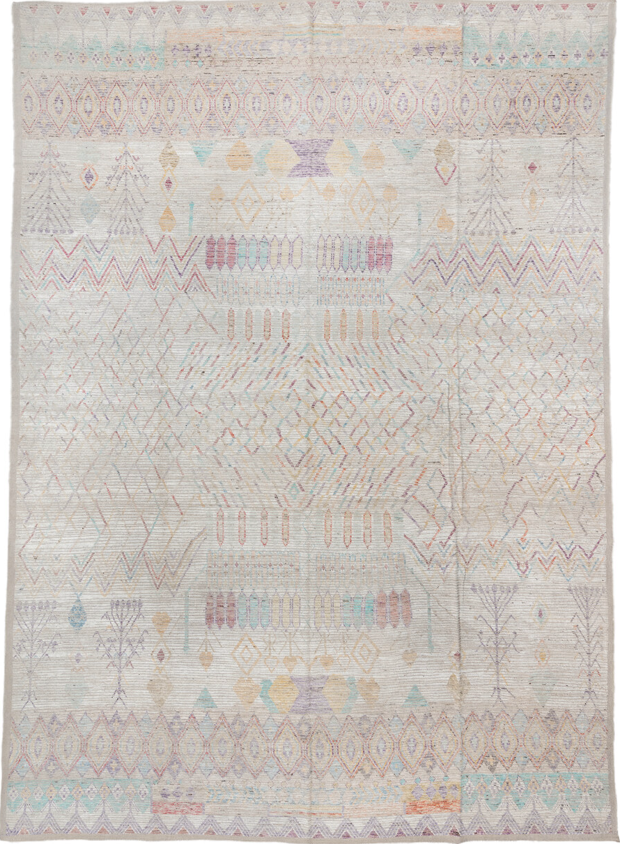 13' x 19' one-of-a-kind handmade vintage Tulu oversize rug. Color palette: brown, dark gray, gainsboro, gray, light blue