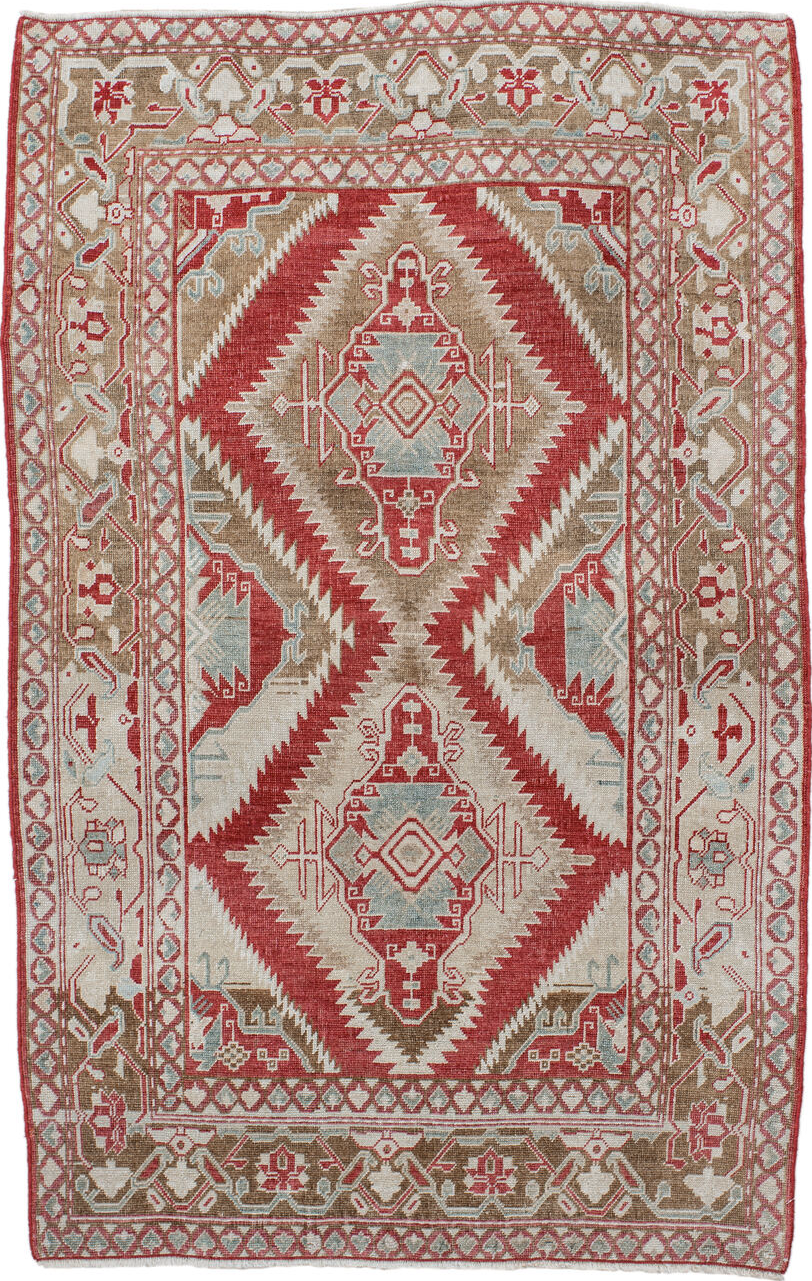 3' x 5' one-of-a-kind handmade vintage Caucasian small size rug. Color palette: brown, gray, light gray, off-white, pink
