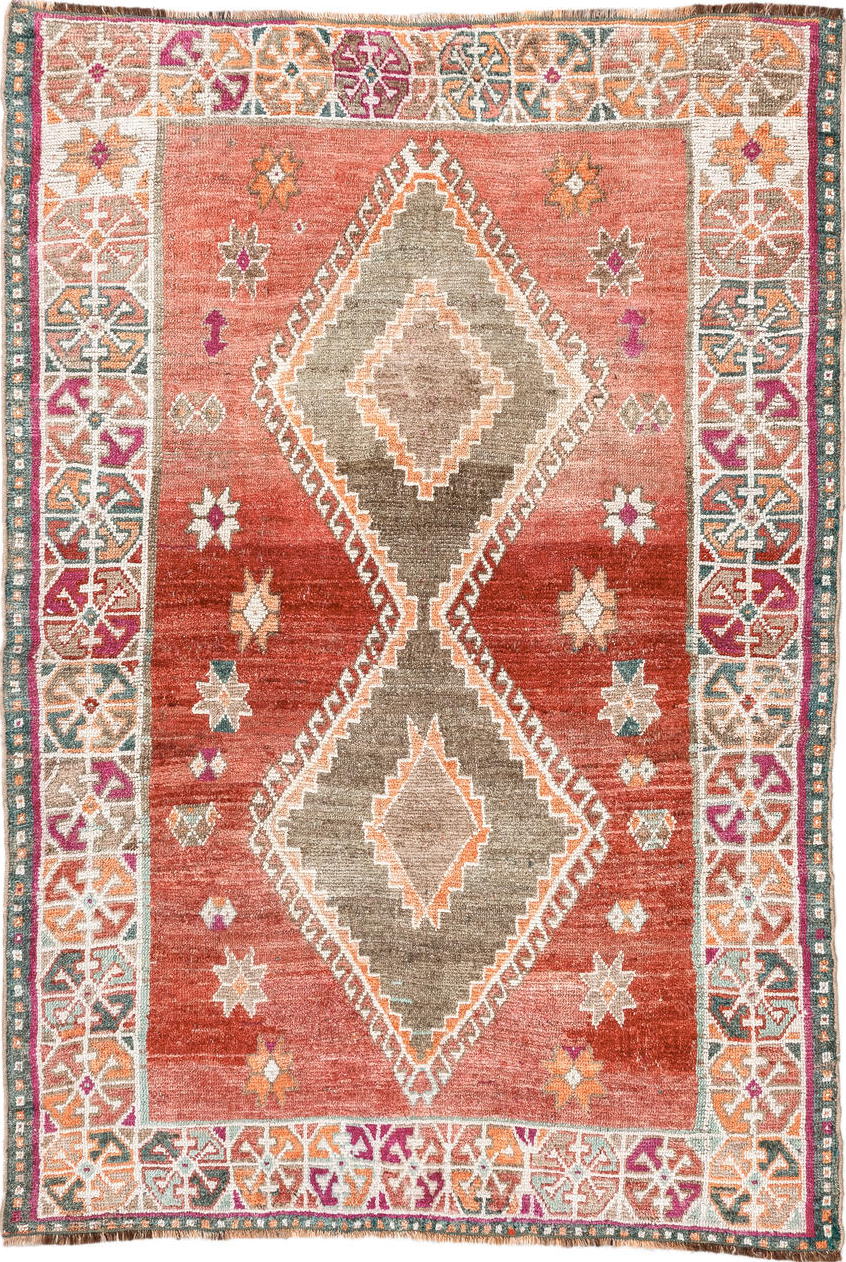 3' x 5' one-of-a-kind handmade vintage Gabbe small size rug. Color palette: brown, floral white, gray, ivory, light gray