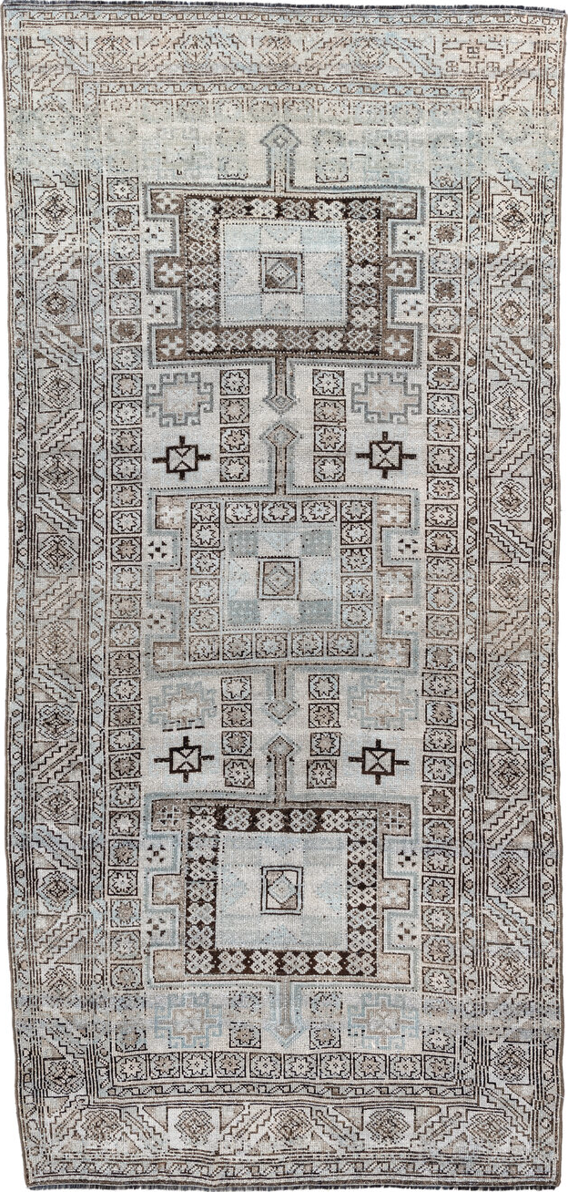 4' x 9' one-of-a-kind handmade vintage NW Persian runner rug. Color palette: black, charcoal, dark gray, dim gray, gainsboro