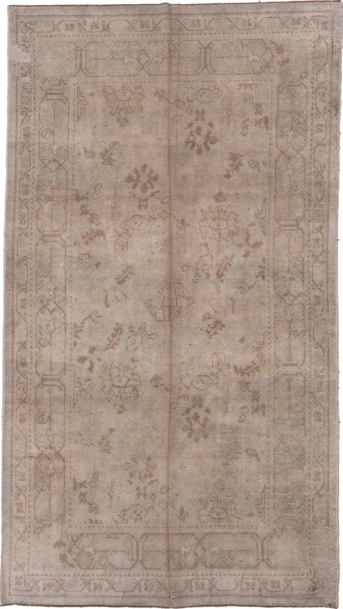 5' x 10' one-of-a-kind handmade vintage Oushak medium size rug. Color palette: gray, light gray, off-white, pink