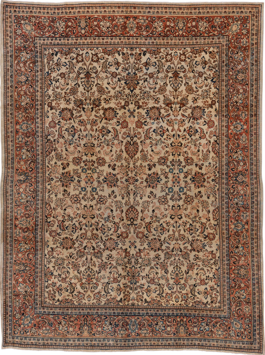 8' x 11' one-of-a-kind handmade vintage Sarouk large size rug. Color palette: black, blue, brown, charcoal, dim gray, gray