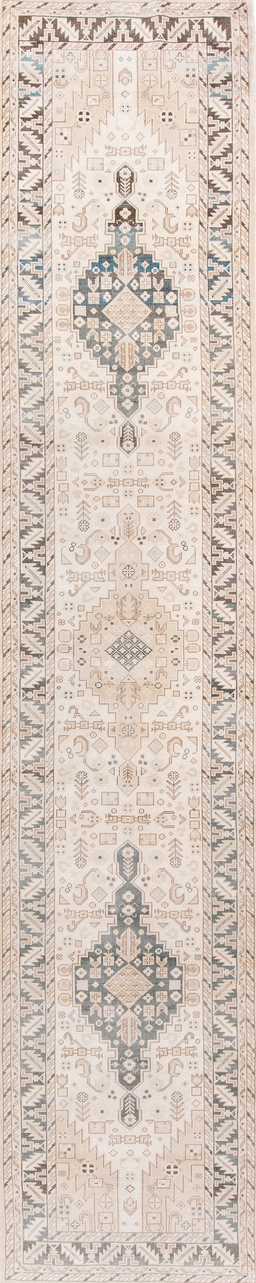 2' x 13' one-of-a-kind handmade vintage Sivas runner rug. Color palette: antiquewhite, brown, dark gray, gray, light gray