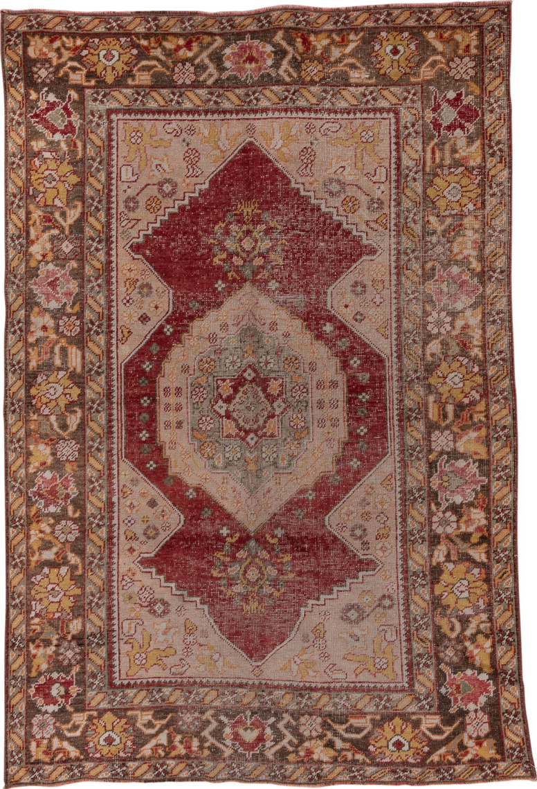 5' x 8' one-of-a-kind handmade vintage Oushak medium size rug. Color palette: brown, gray, pink, red, redwood, wine