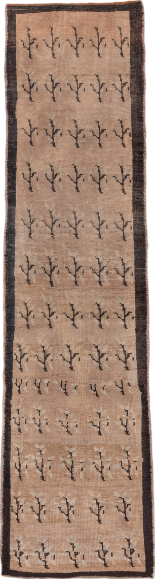 2' x 7' one-of-a-kind handmade vintage Oushak runner rug. Color palette: black, brown, gray, light gray, off-white, pink
