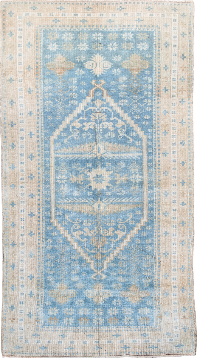 3' x 6' one-of-a-kind handmade vintage Anatol runner rug. Color palette: brown, dark gray, gainsboro, gray, light blue