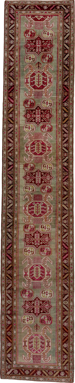 3' x 17' one-of-a-kind handmade vintage Caucasian runner rug. Color palette: brown, gray, off-white, red, snow, white