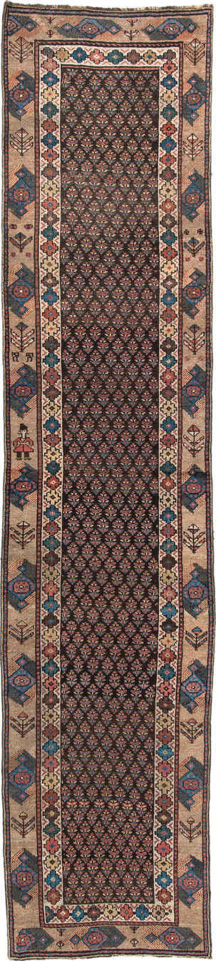 2' x 11' one-of-a-kind handmade vintage NW Persian runner rug. Color palette: gray, blue, orange, off-white, brown, red