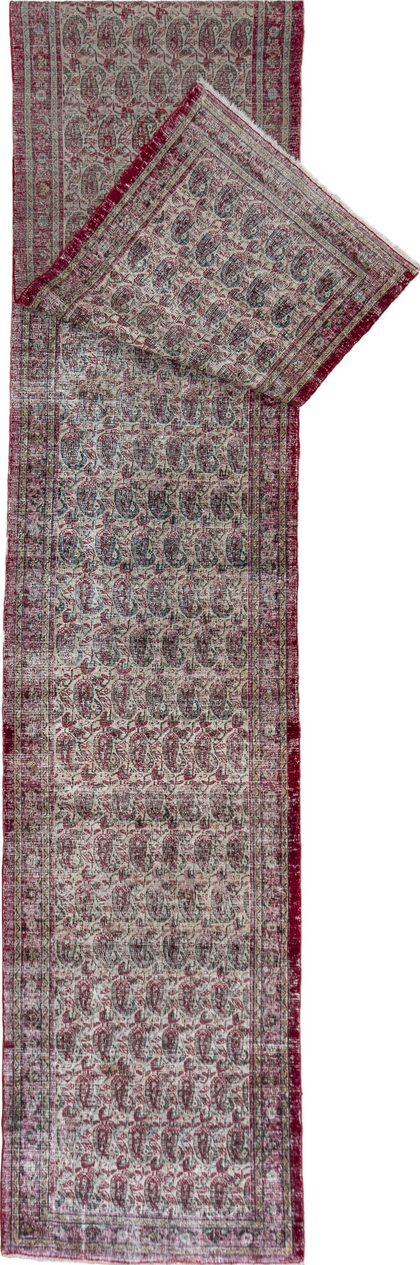 3' x 19' one-of-a-kind handmade vintage Khorassan runner rug. Color palette: gray, light gray, off-white, black, pink, brown
