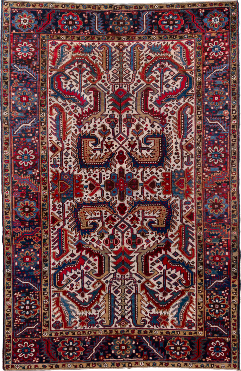 5' x 9' one-of-a-kind handmade vintage Heriz medium size rug. Color palette: blue, brown, fiord, gray, light gray, off-white