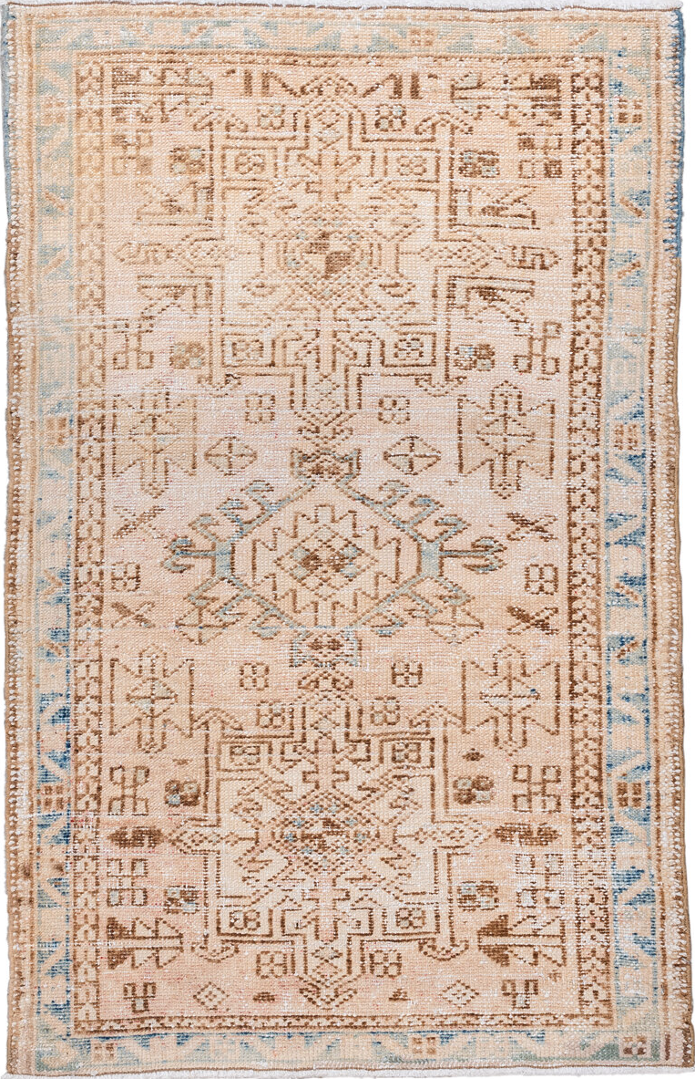 2' x 3' one-of-a-kind handmade vintage Karaje small size rug. Color palette: antiquewhite, blue, brown, gray, light gray