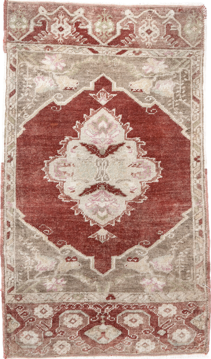 1' x 2' one-of-a-kind handmade vintage Anatol small size rug. Color palette: antiquewhite, brown, gray, light gray, linen
