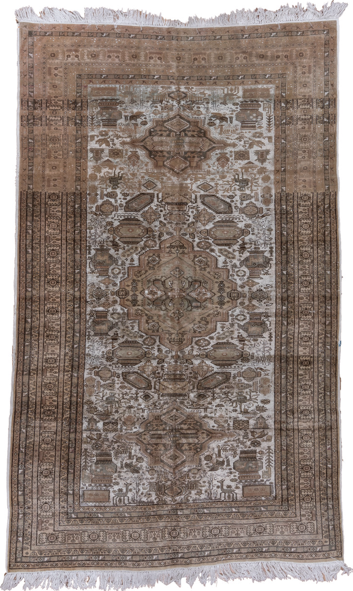 5' x 8' one-of-a-kind handmade vintage Kaisary medium size rug. Color palette: brown, dark gray, gainsboro, gray, light gray