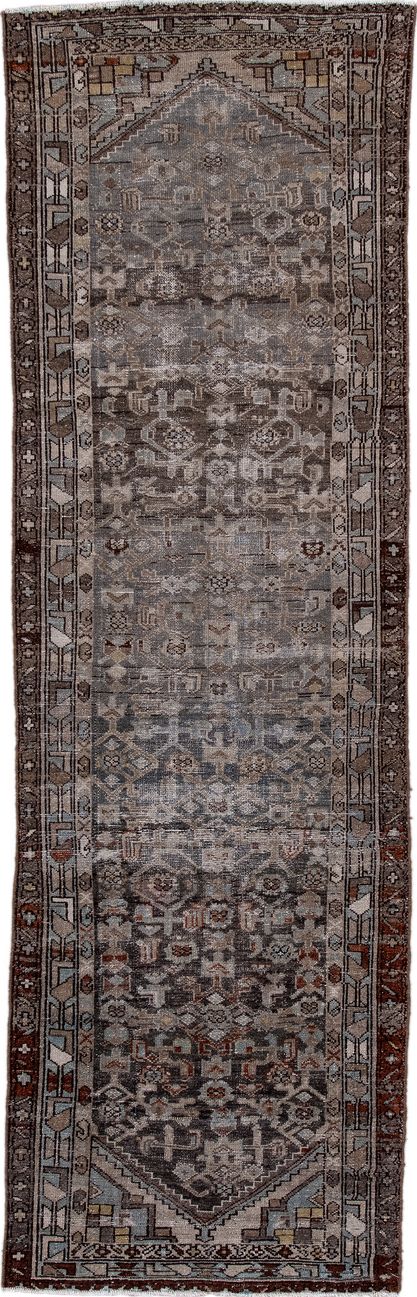 2' x 9' one-of-a-kind handmade vintage Malayer runner rug. Color palette: black, brown, charcoal, gainsboro, gray