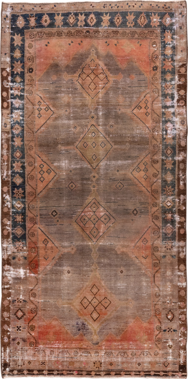 4' x 9' one-of-a-kind handmade vintage Distressed runner rug. Color palette: black, brown, charcoal, gray, light gray