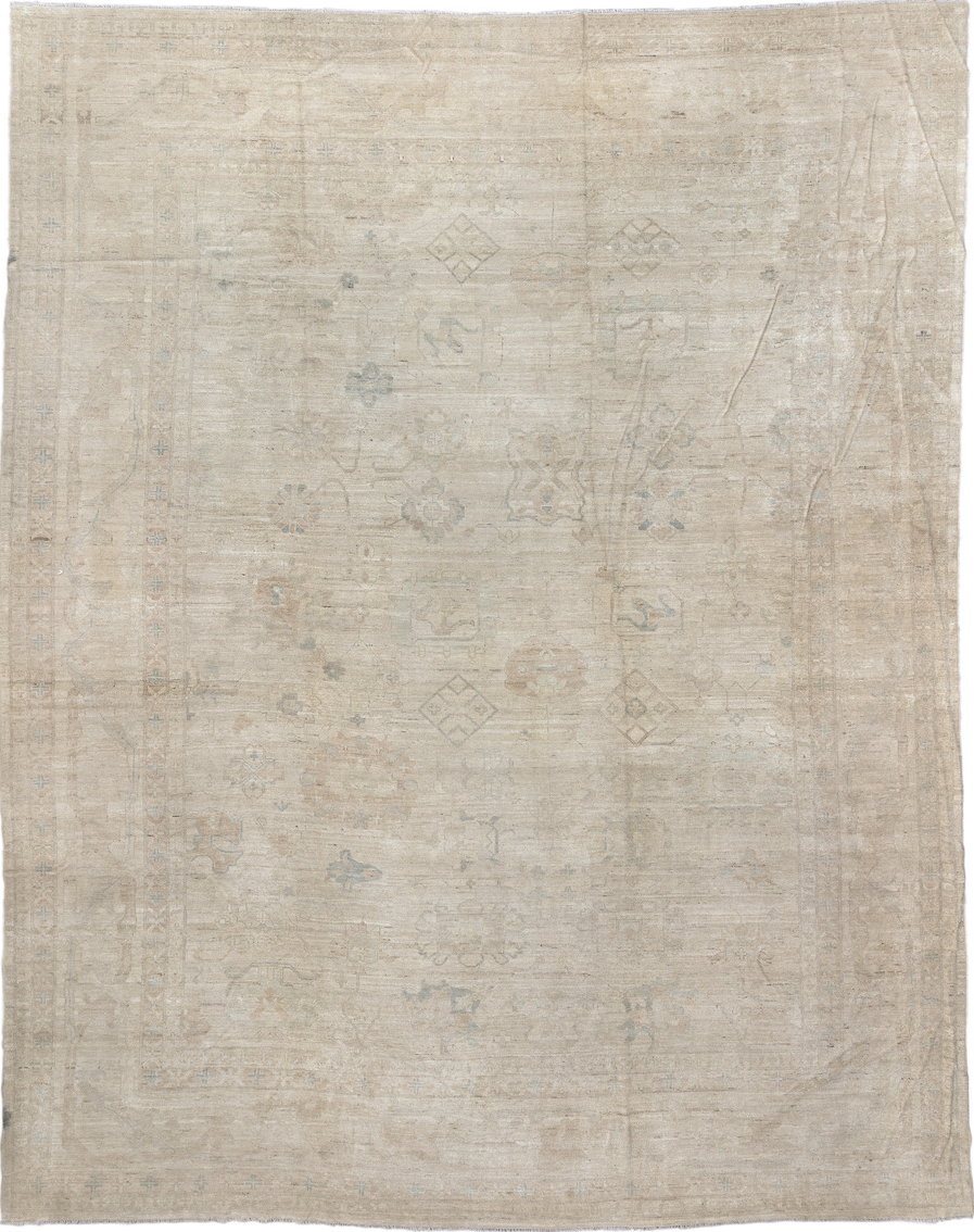 14' x 17' one-of-a-kind handmade vintage Tulu oversize rug. Color palette: brown, gray, light gray, off-white, silver