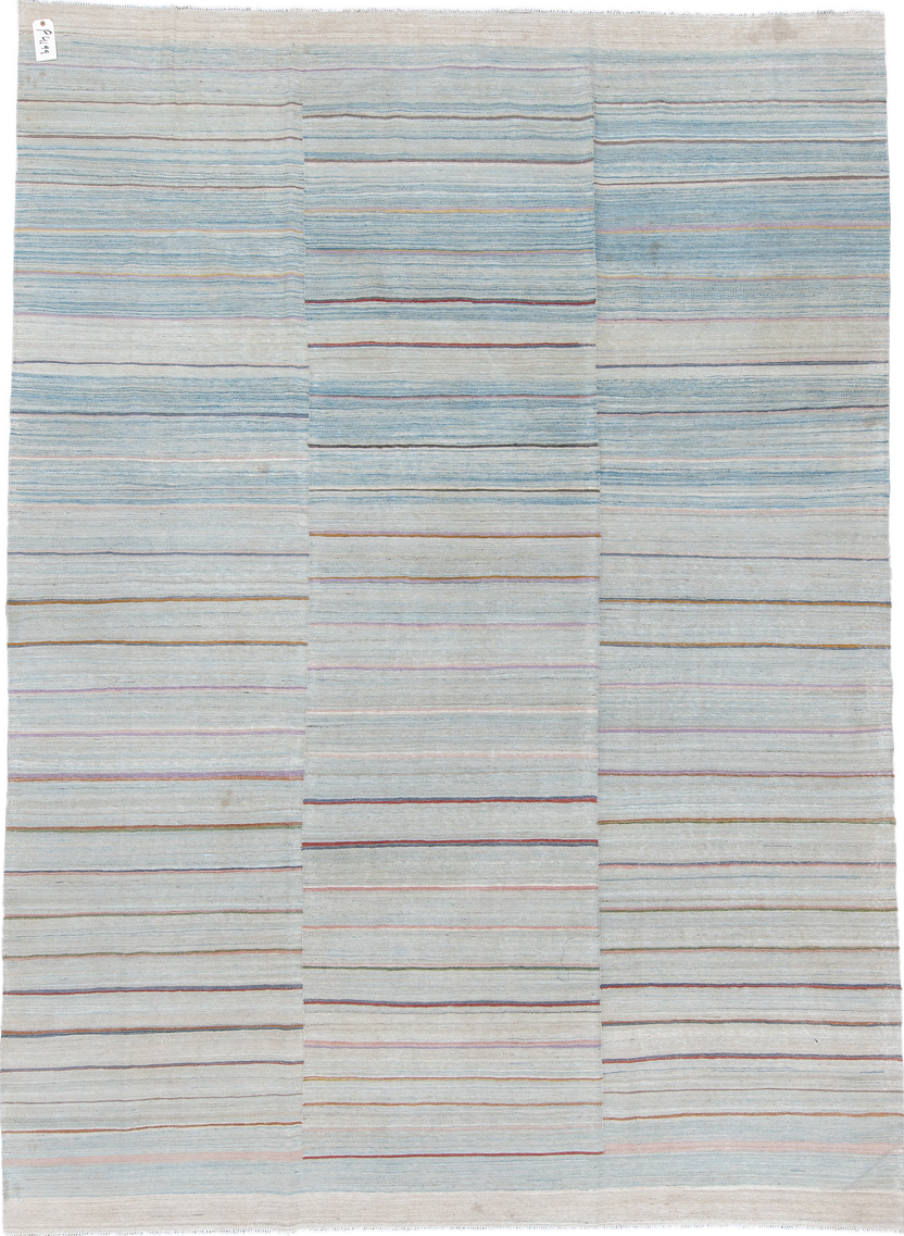 8' x 12' one-of-a-kind handmade vintage Kilim large size rug. Color palette: black, blue, charcoal, dim gray, gray