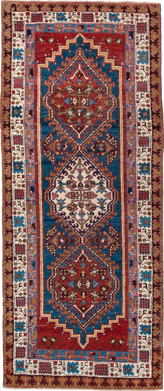 3' x 7' one-of-a-kind handmade vintage Sarab runner rug. Color palette: gray, blue, red, brown, black, pink, off-white