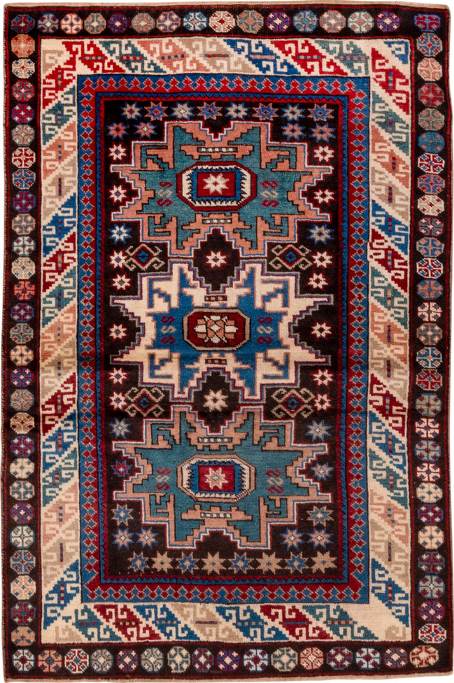 3' x 5' one-of-a-kind handmade vintage Caucasian small size rug. Color palette: black, blue, brown, fiord, gray, off-white
