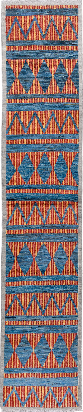 3' x 16' one-of-a-kind handmade vintage Tulu runner rug. Color palette: arapawa, blue, brown, dark gray, gray, light blue