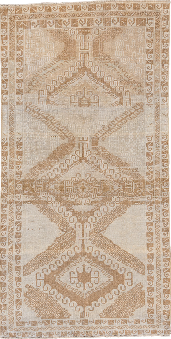 3' x 6' one-of-a-kind handmade vintage Belouch small size rug. Color palette: brown, gray, light gray, linen, off-white