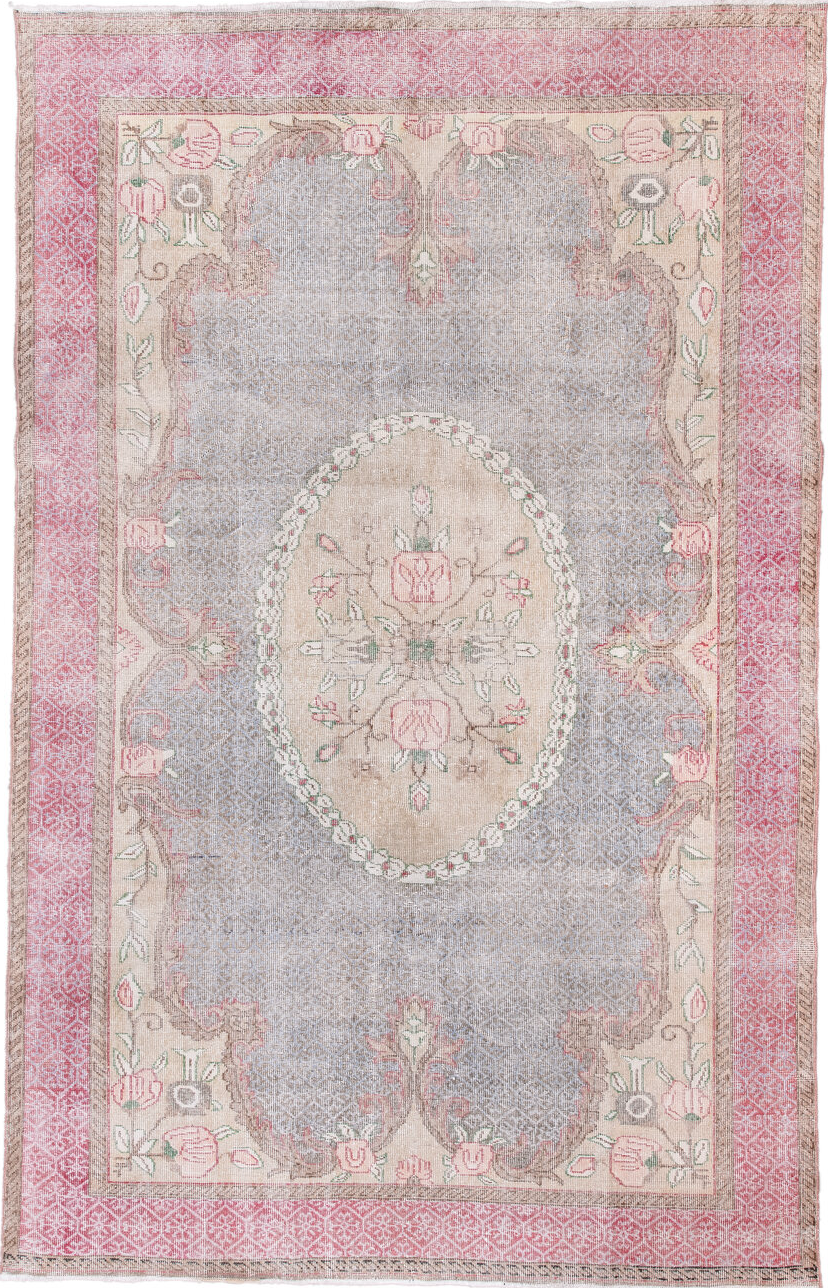 6' x 10' one-of-a-kind handmade vintage Sparta large size rug. Color palette: gainsboro, gray, light gray, off-white, pink