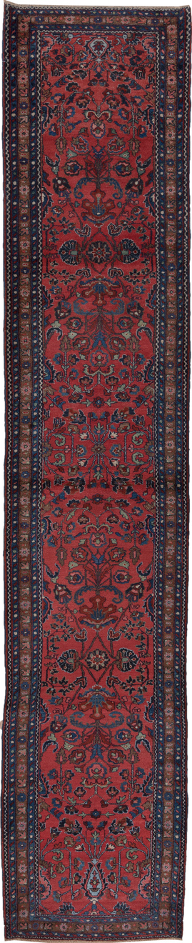 3' x 16' one-of-a-kind handmade vintage Lilian runner rug. Color palette: black, blue, brown, charcoal, dark gray, gray