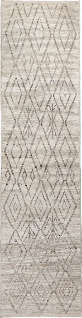 3' x 12' one-of-a-kind handmade vintage Tulu runner rug. Color palette: gainsboro, gray, light gray, off-white, pink, silver