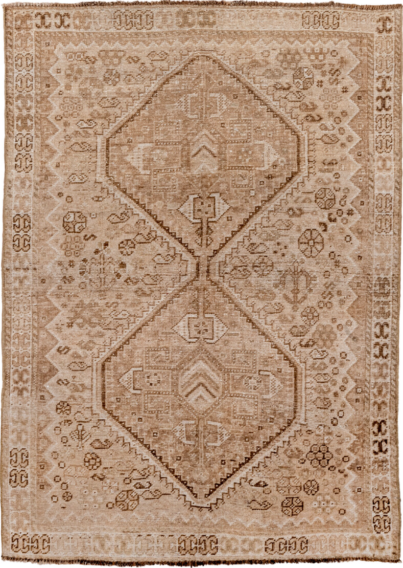 3' x 5' one-of-a-kind handmade vintage Shiraz small size rug. Color palette: brown, gray, light gray, orange, pink, tan