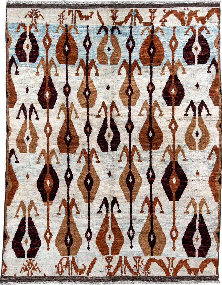8' x 10' one-of-a-kind handmade vintage Tulu large size rug. Color palette: antiquewhite, blue, brown, gainsboro, gray