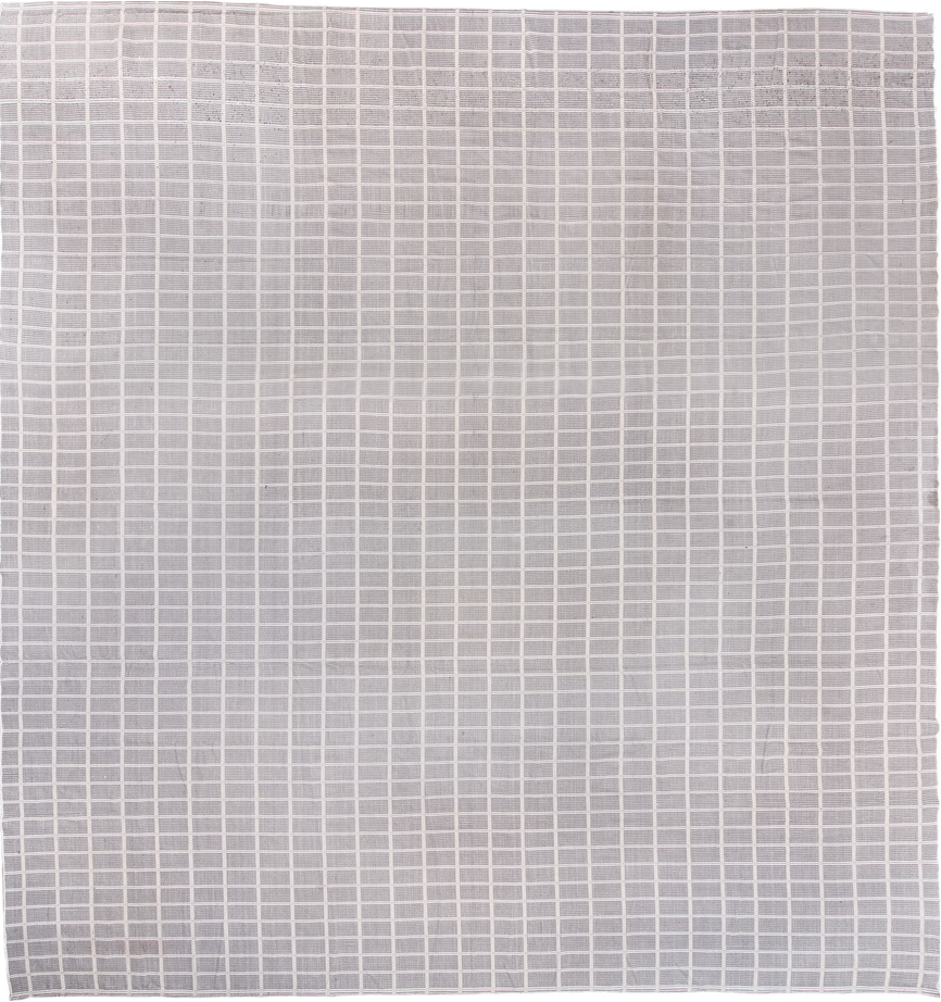 13' x 15' one-of-a-kind handmade vintage Kilim oversize rug. Color palette: dark gray, gainsboro, gray, light gray