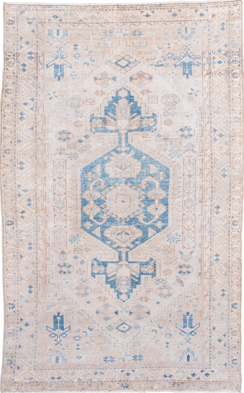 4' x 6' one-of-a-kind handmade vintage Hamadan small size rug. Color palette: gray, off-white, light gray, pink, light blue
