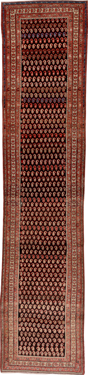 3' x 14' one-of-a-kind handmade vintage Malayer runner rug. Color palette: black, blue, brown, gray, maroon, pink, red