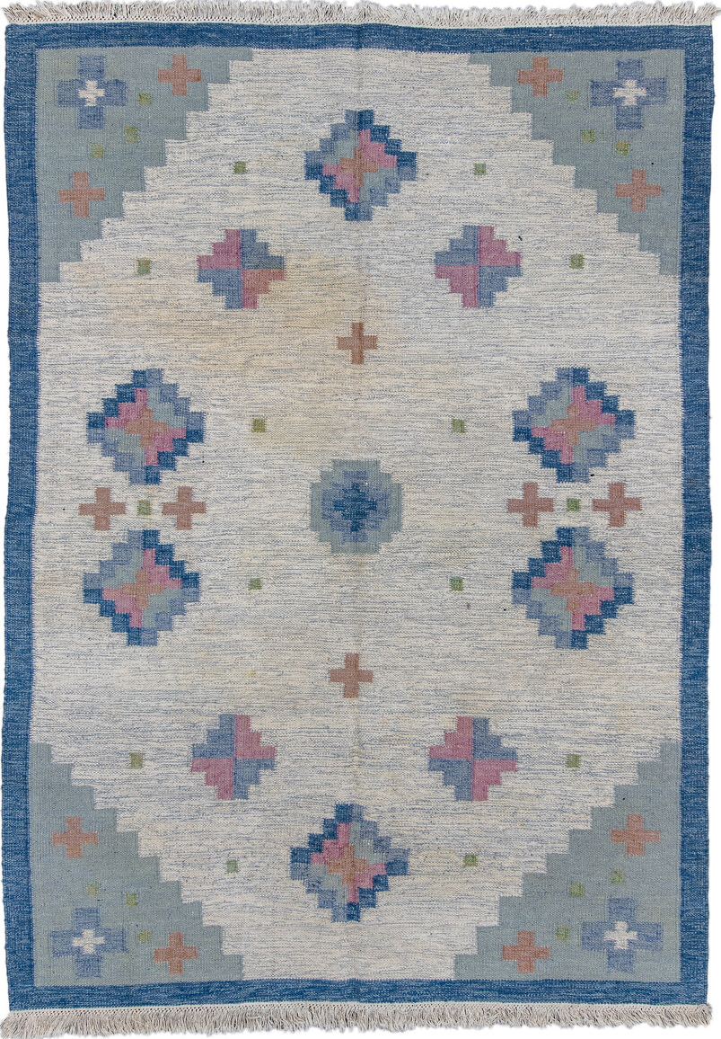 6' x 9' one-of-a-kind handmade vintage Rollaken medium size rug. Color palette: blue, brown, dim gray, fiord, gainsboro