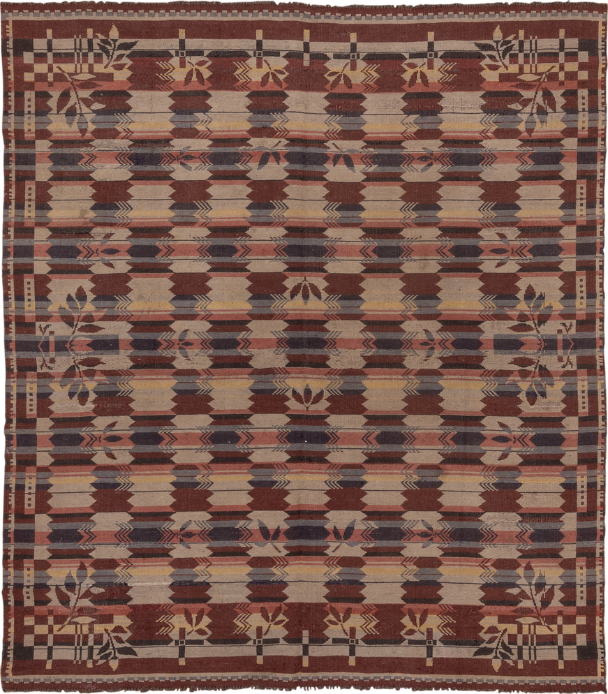 7' x 8' one-of-a-kind handmade vintage Kilim rug. Color palette: black, brown, charcoal, gray, light gray, off-white, pink