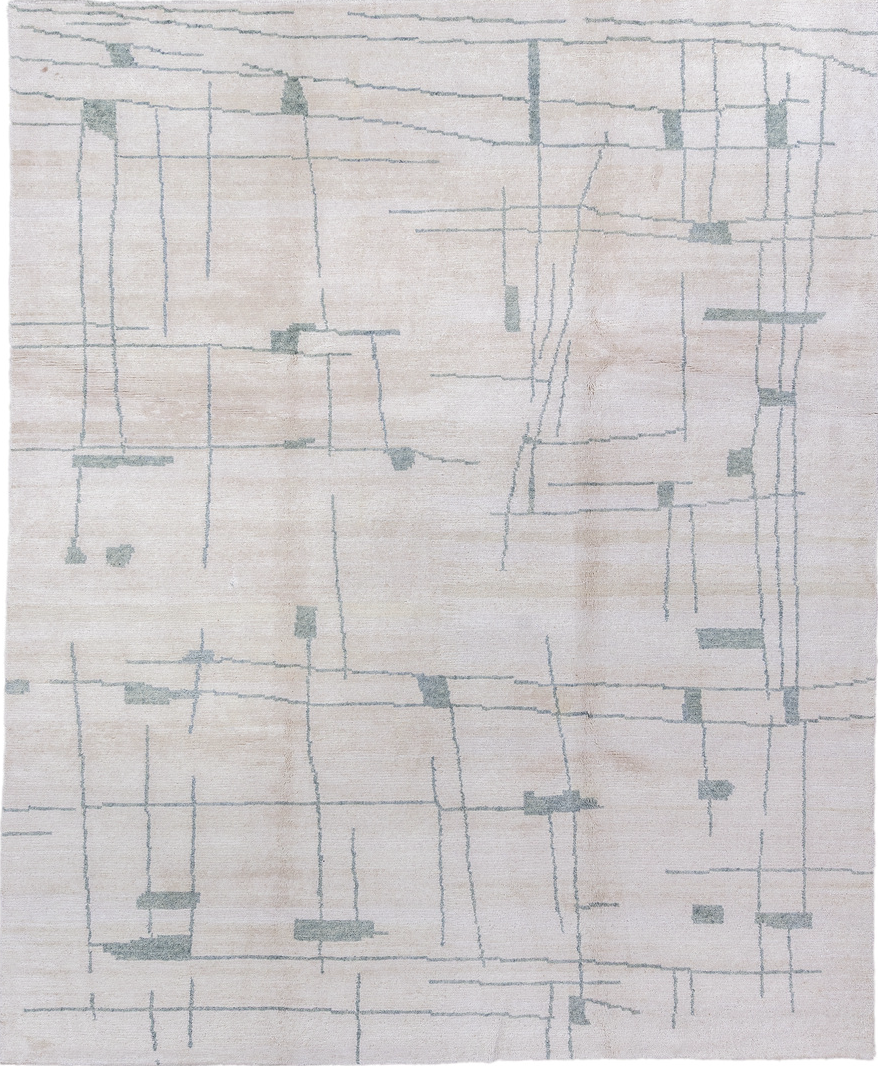 8' x 10' one-of-a-kind handmade vintage Tribeca large size rug. Color palette: gray, light gray, off-white, silver