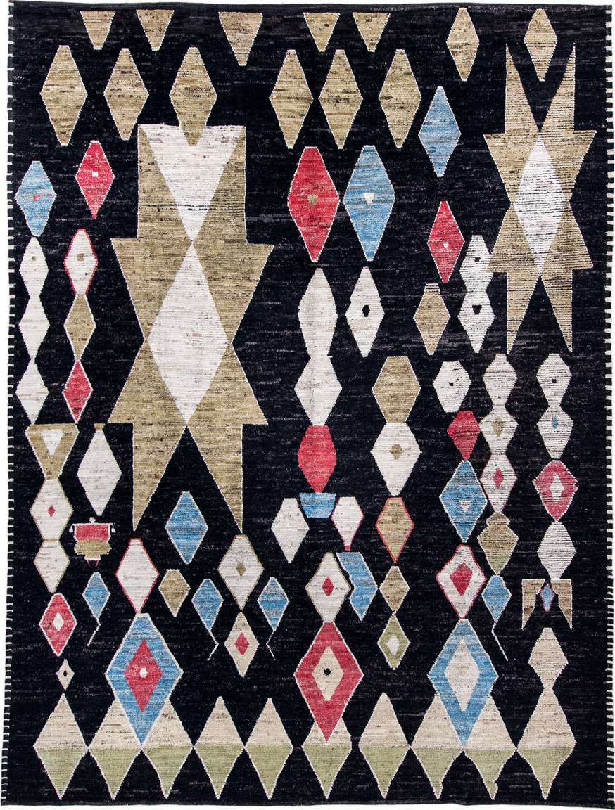 10' x 13' one-of-a-kind handmade vintage Tulu large size rug. Color palette: black, blue, brown, fiord, gainsboro, gray